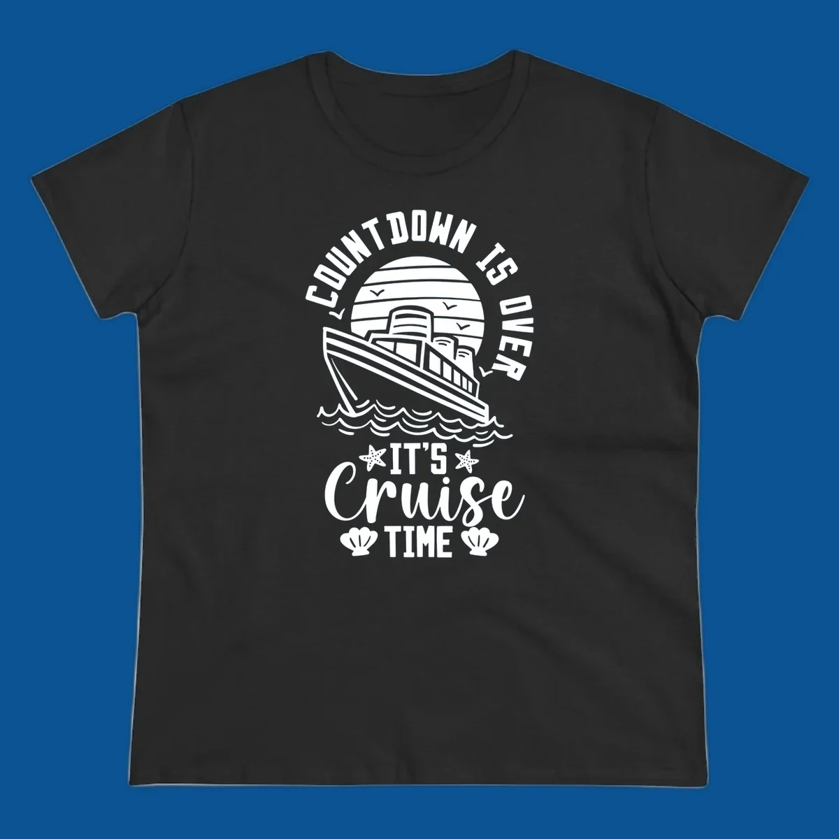 Cruise time countdown design with ship, sun, waves, and text 'Its Cruise Time'