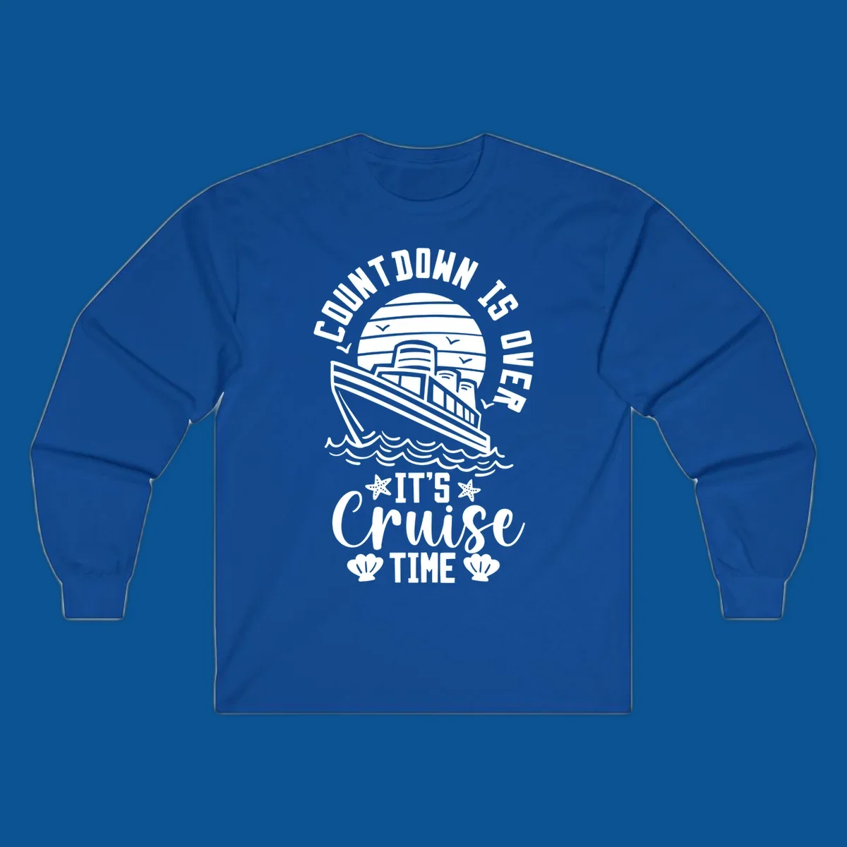 Cruise time countdown design with ship, sun, waves, and text 'Its Cruise Time'