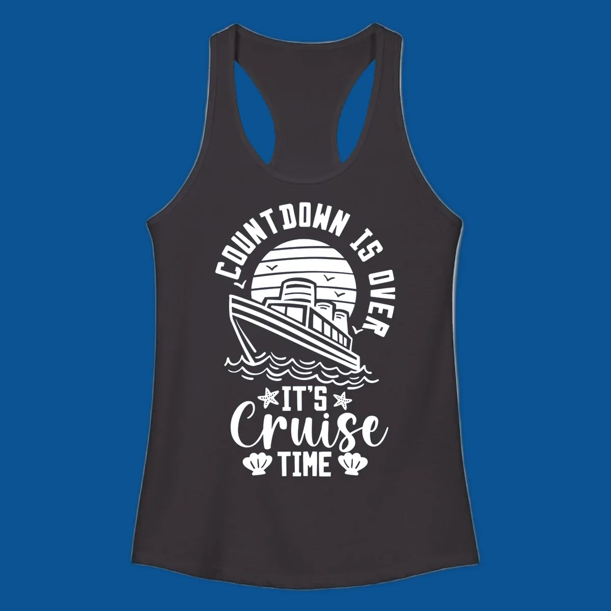 Cruise time countdown design with ship, sun, waves, and text 'Its Cruise Time'