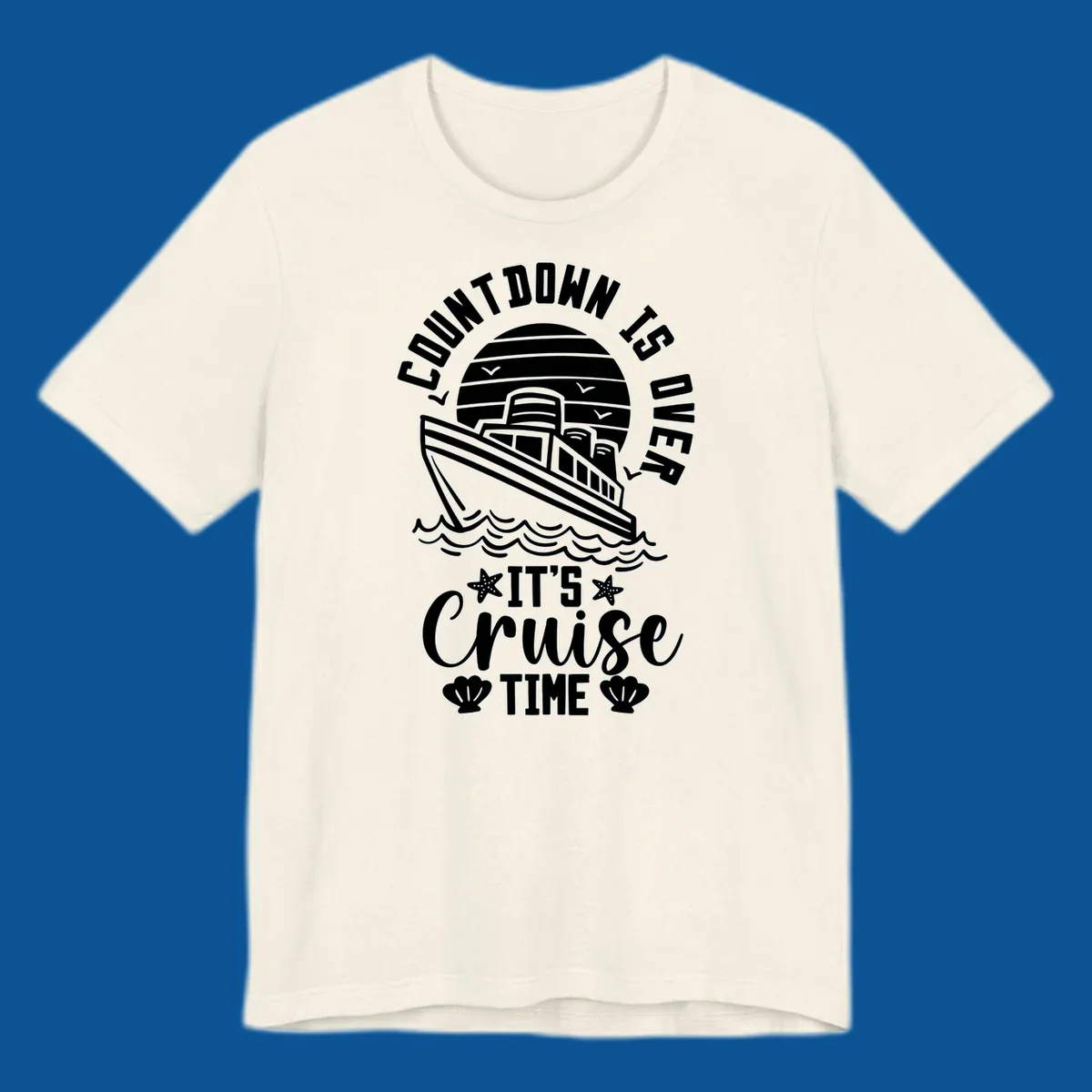 Cruise time countdown design with ship, sun, waves, and text 'Its Cruise Time'