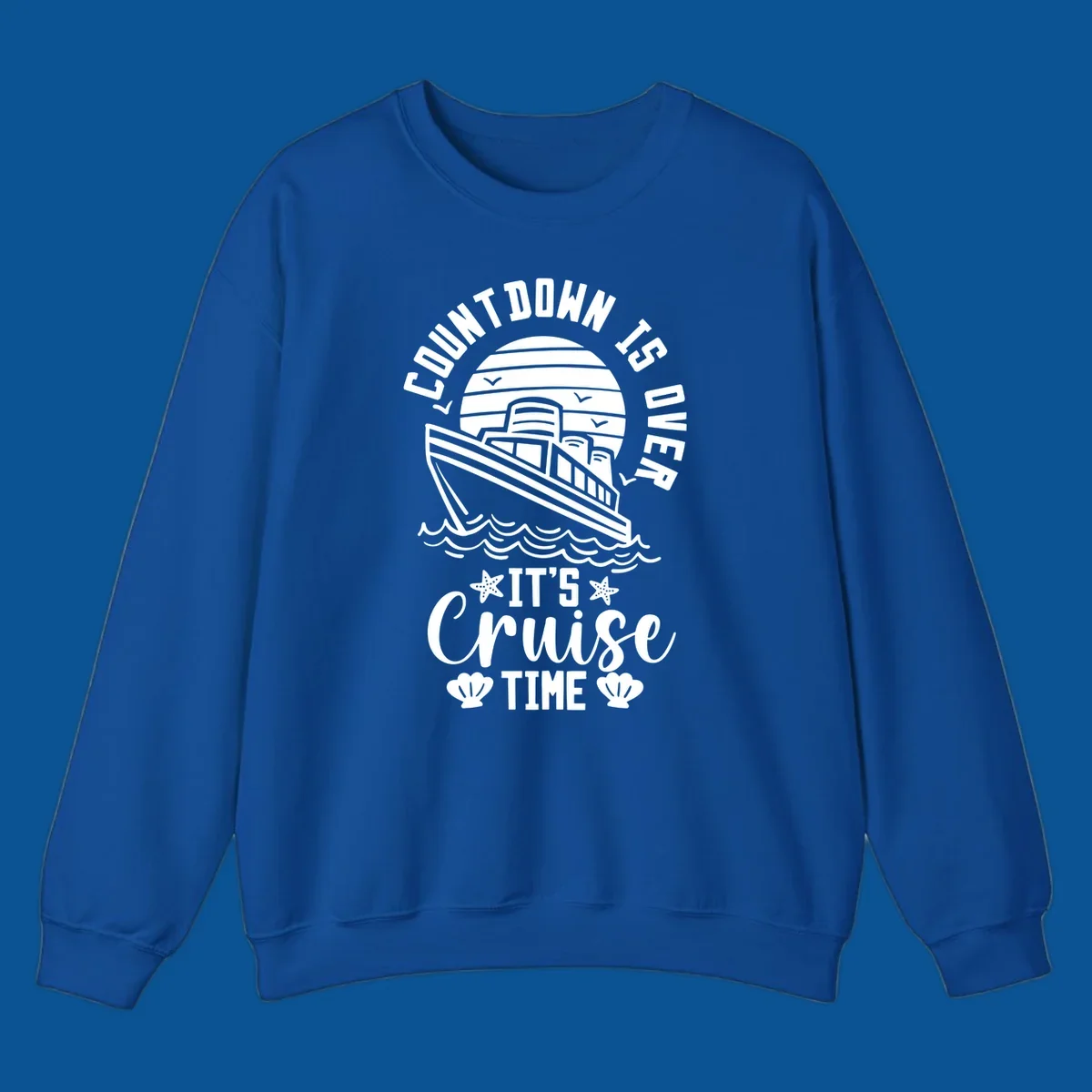 Cruise time countdown design with ship, sun, waves, and text 'Its Cruise Time'