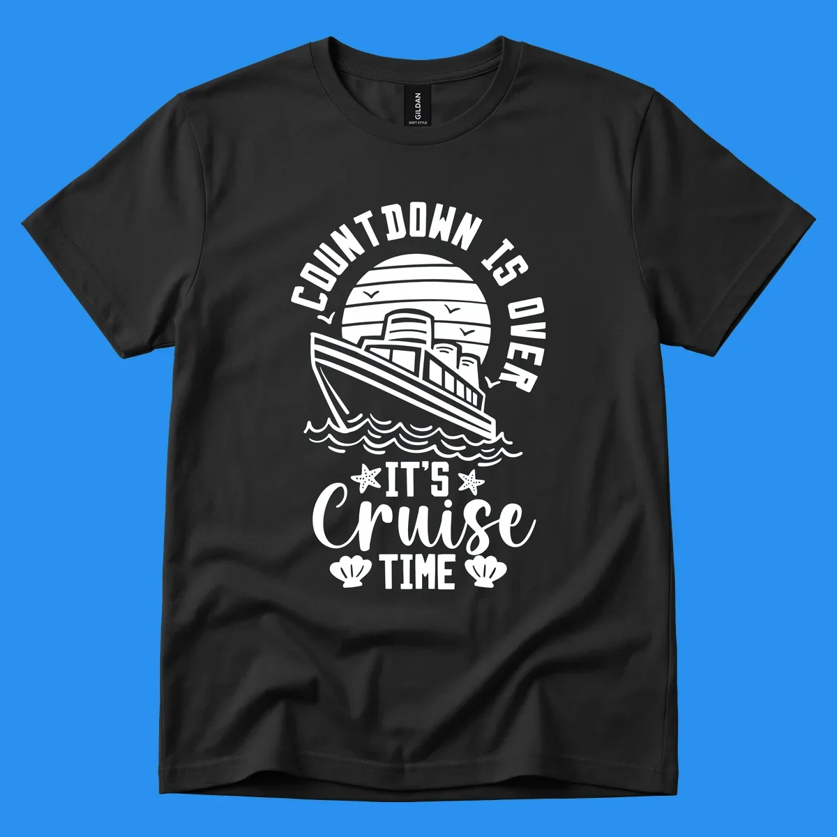 Cruise time countdown design with ship, sun, waves, and text 'Its Cruise Time'