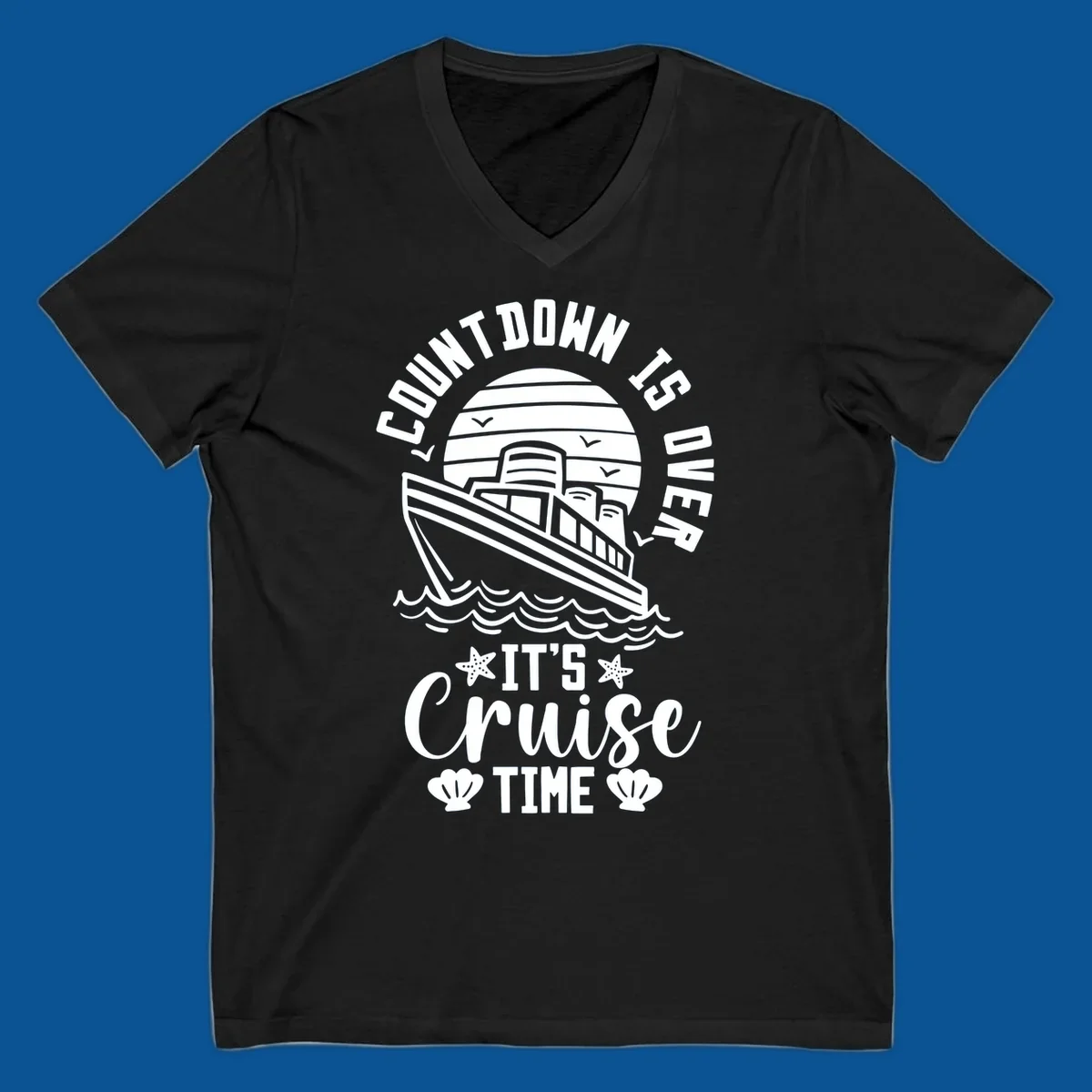 Cruise time countdown design with ship, sun, waves, and text 'Its Cruise Time'