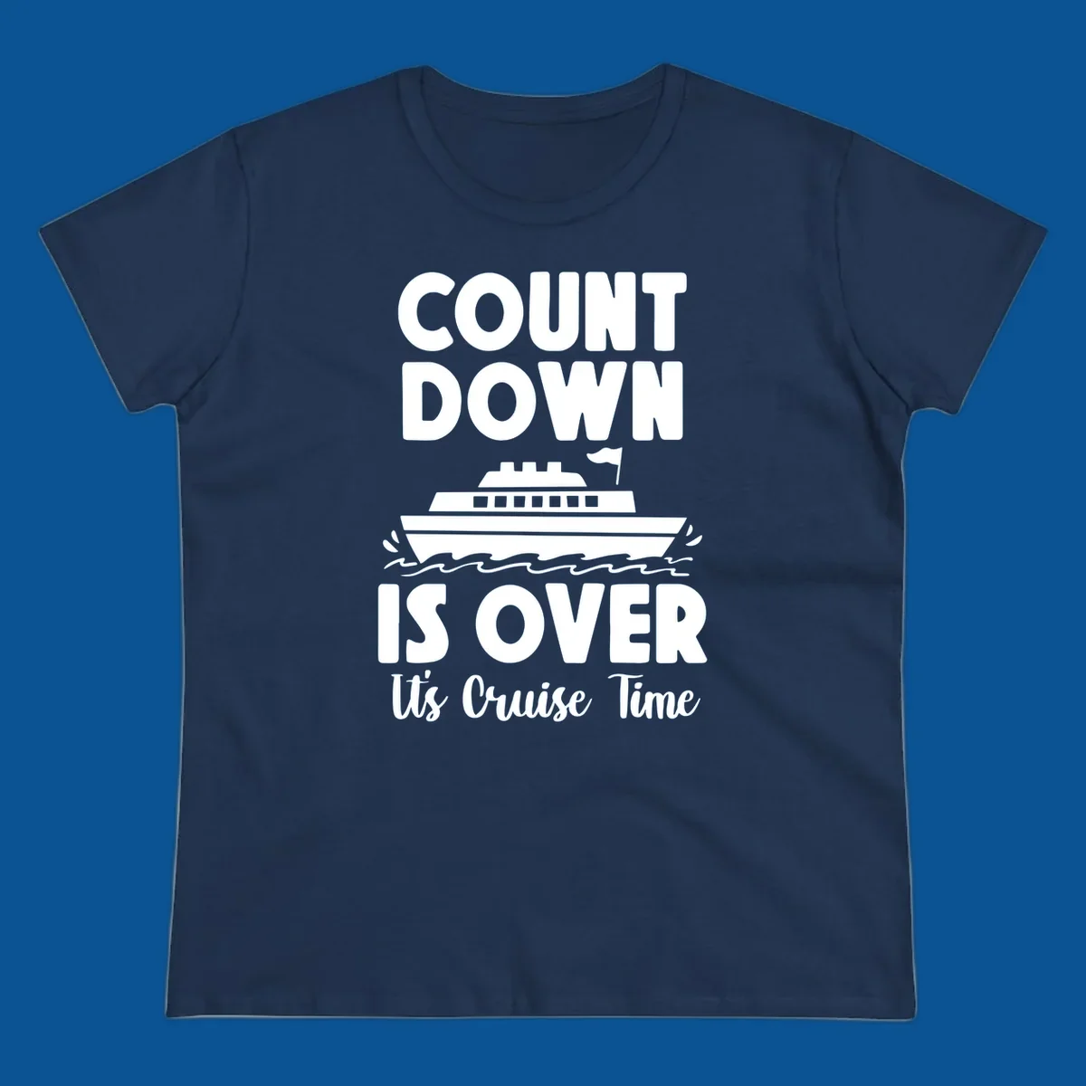 Cruise time countdown is over text with cruise ship illustration.