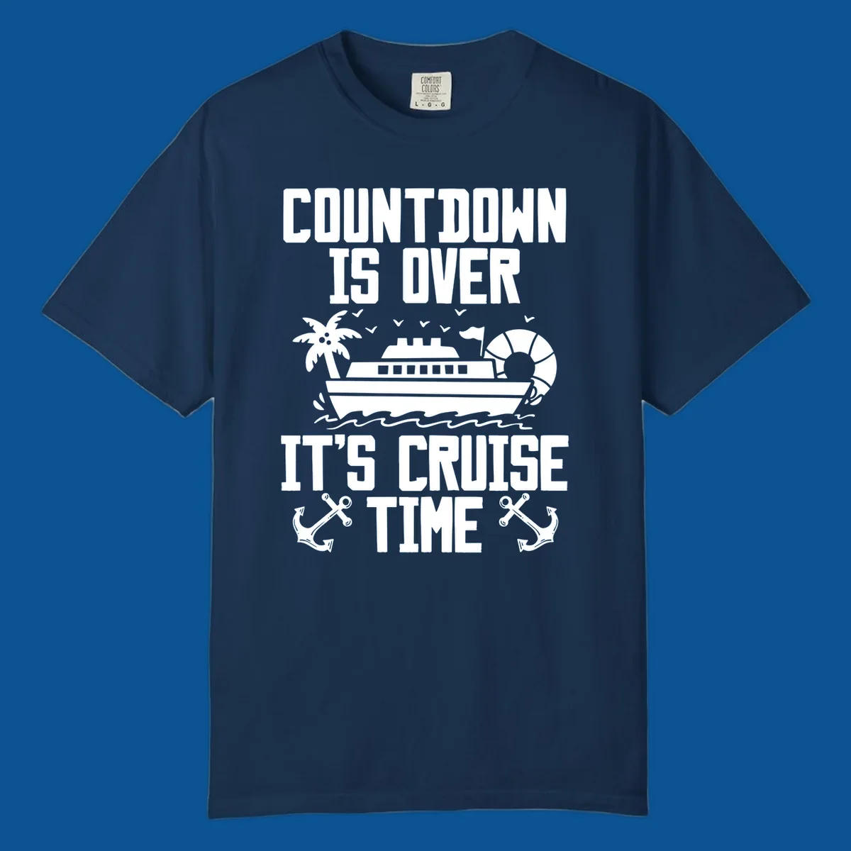 Cruise time countdown design with ship, palm tree, and anchors.