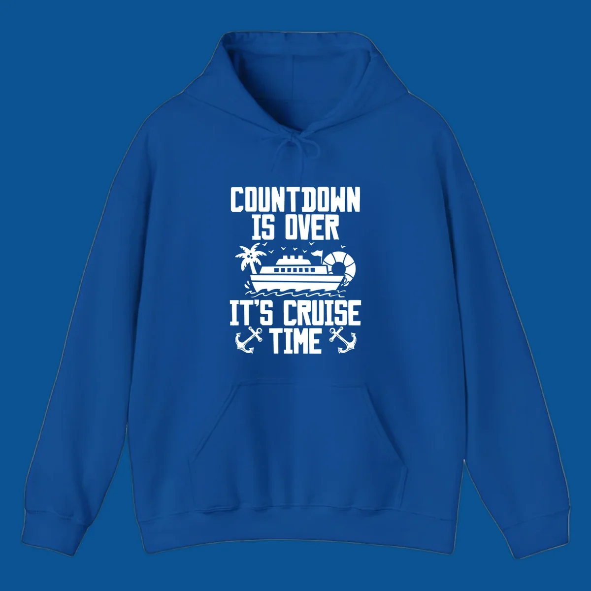 Cruise time countdown design with ship, palm tree, and anchors.