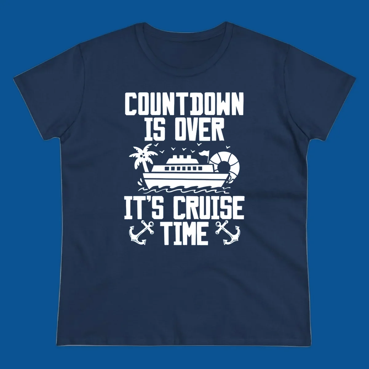 Cruise time countdown design with ship, palm tree, and anchors.