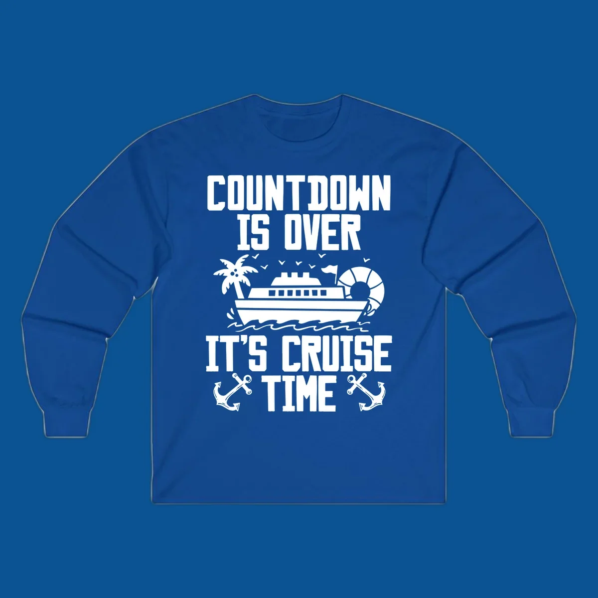 Cruise time countdown design with ship, palm tree, and anchors.