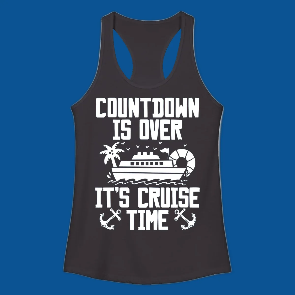 Cruise time countdown design with ship, palm tree, and anchors.