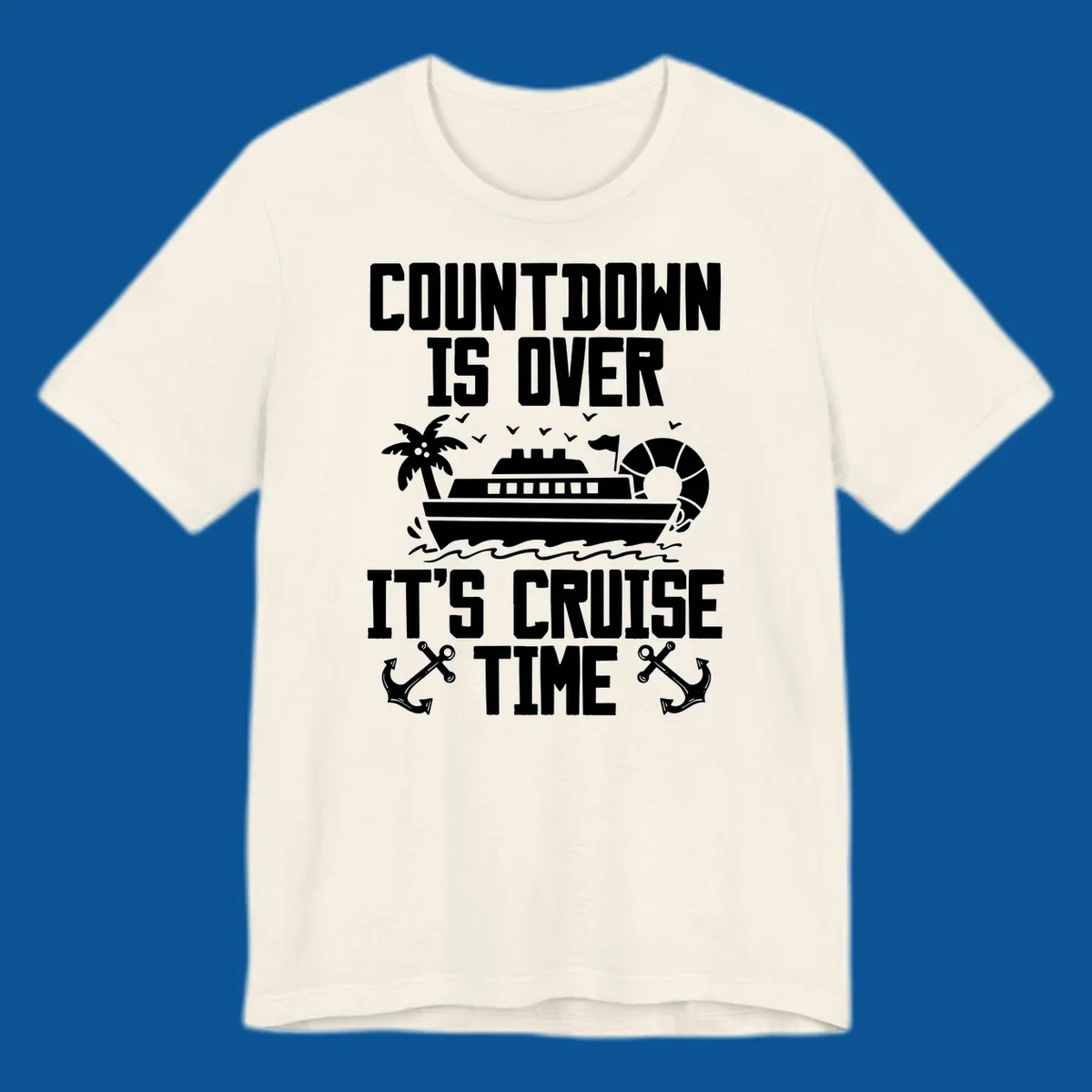 Cruise time countdown design with ship, palm tree, and anchors.