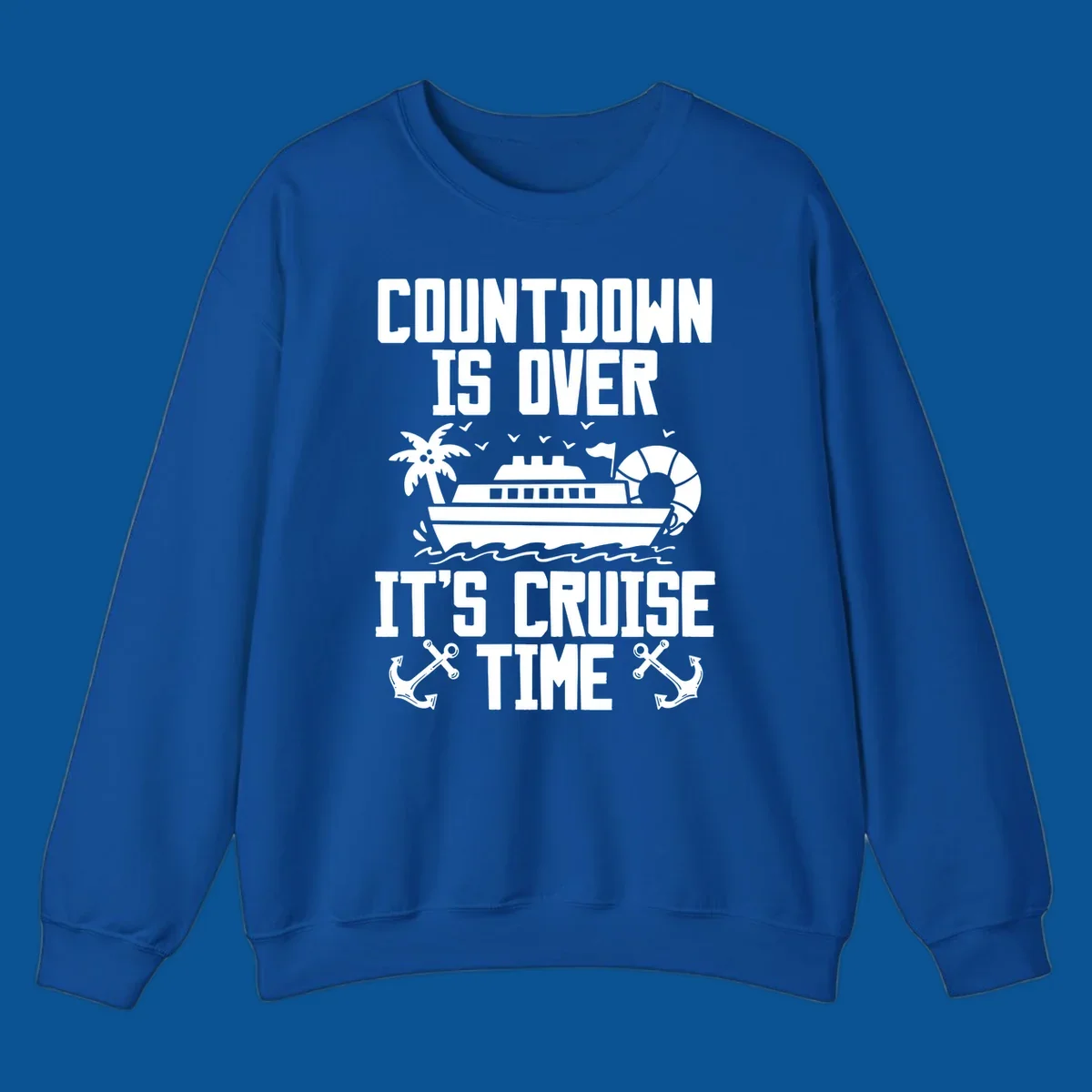 Cruise time countdown design with ship, palm tree, and anchors.