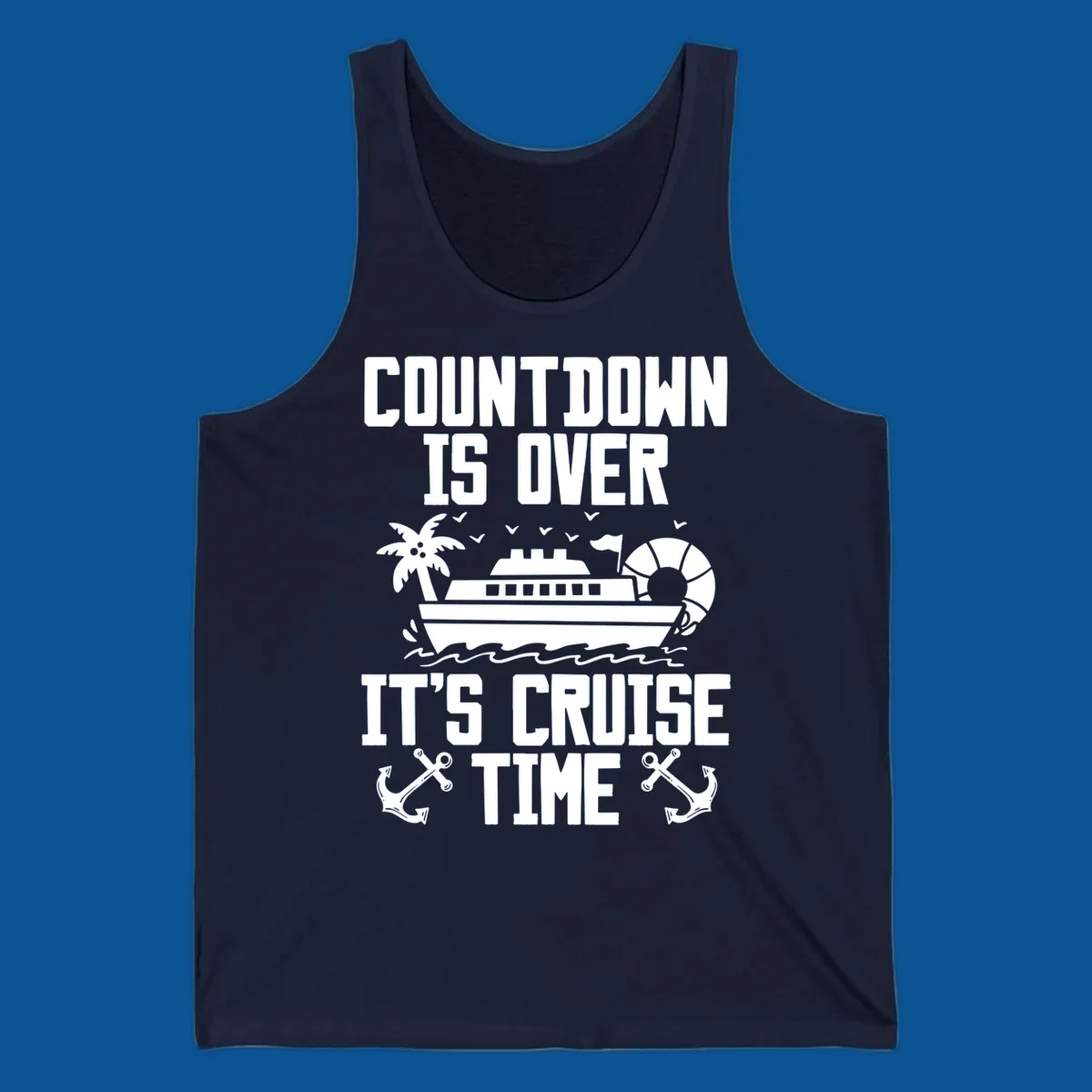 Cruise time countdown design with ship, palm tree, and anchors.