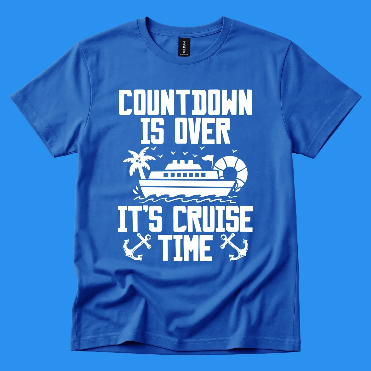 Cruise time countdown design with ship, palm tree, and anchors.