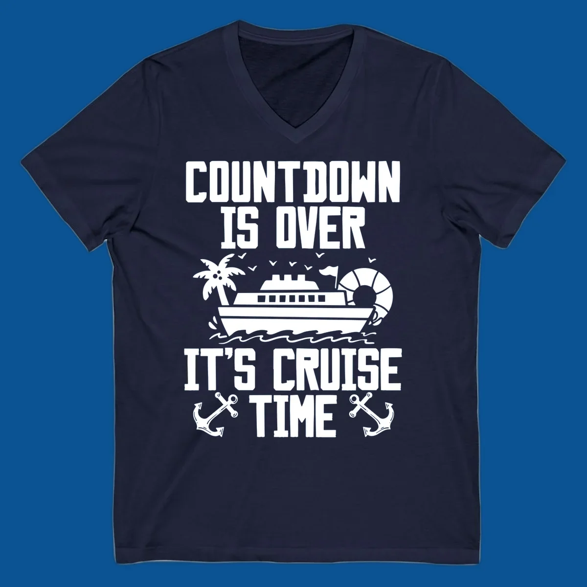 Cruise time countdown design with ship, palm tree, and anchors.