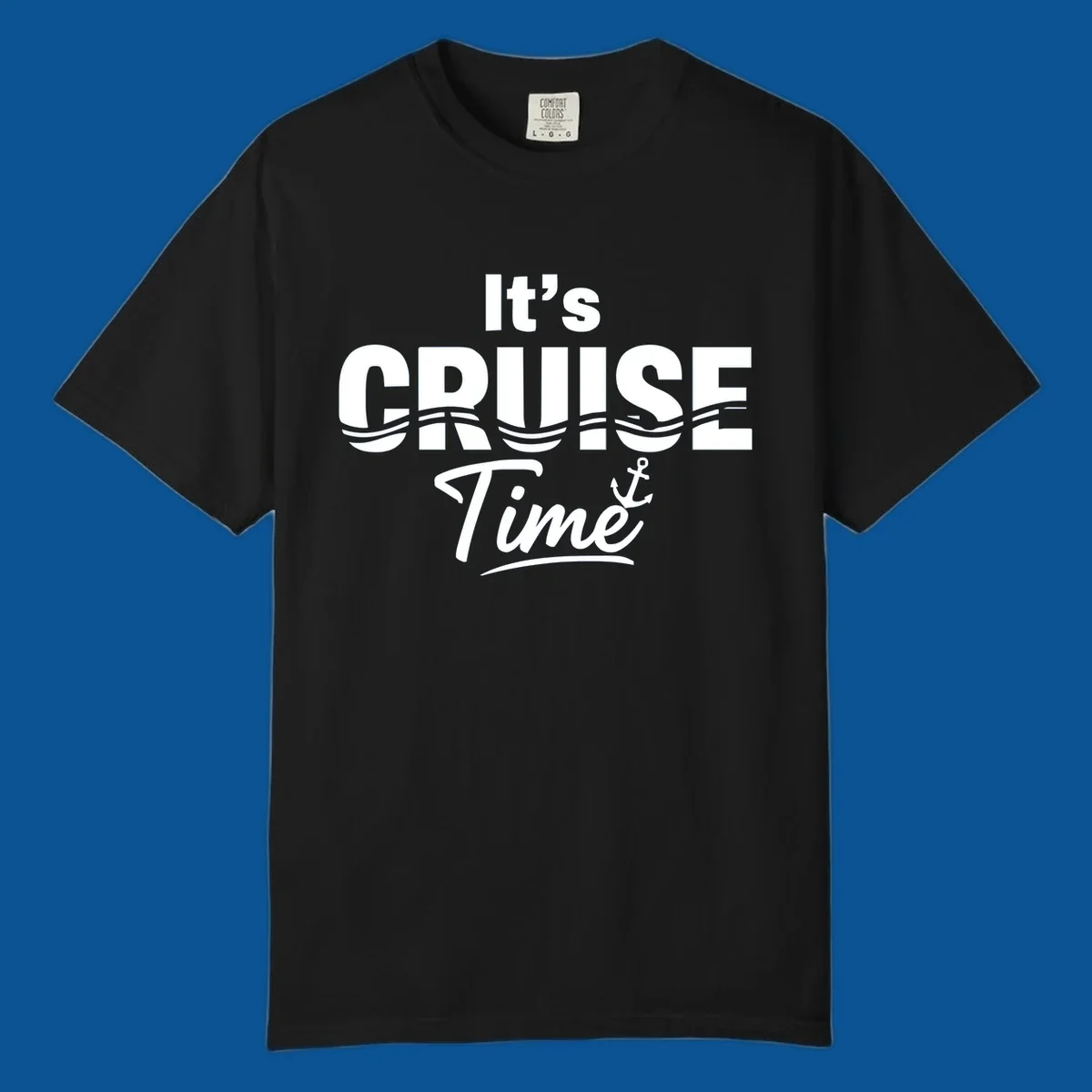 It's Cruise Time text with ocean waves and anchor graphic