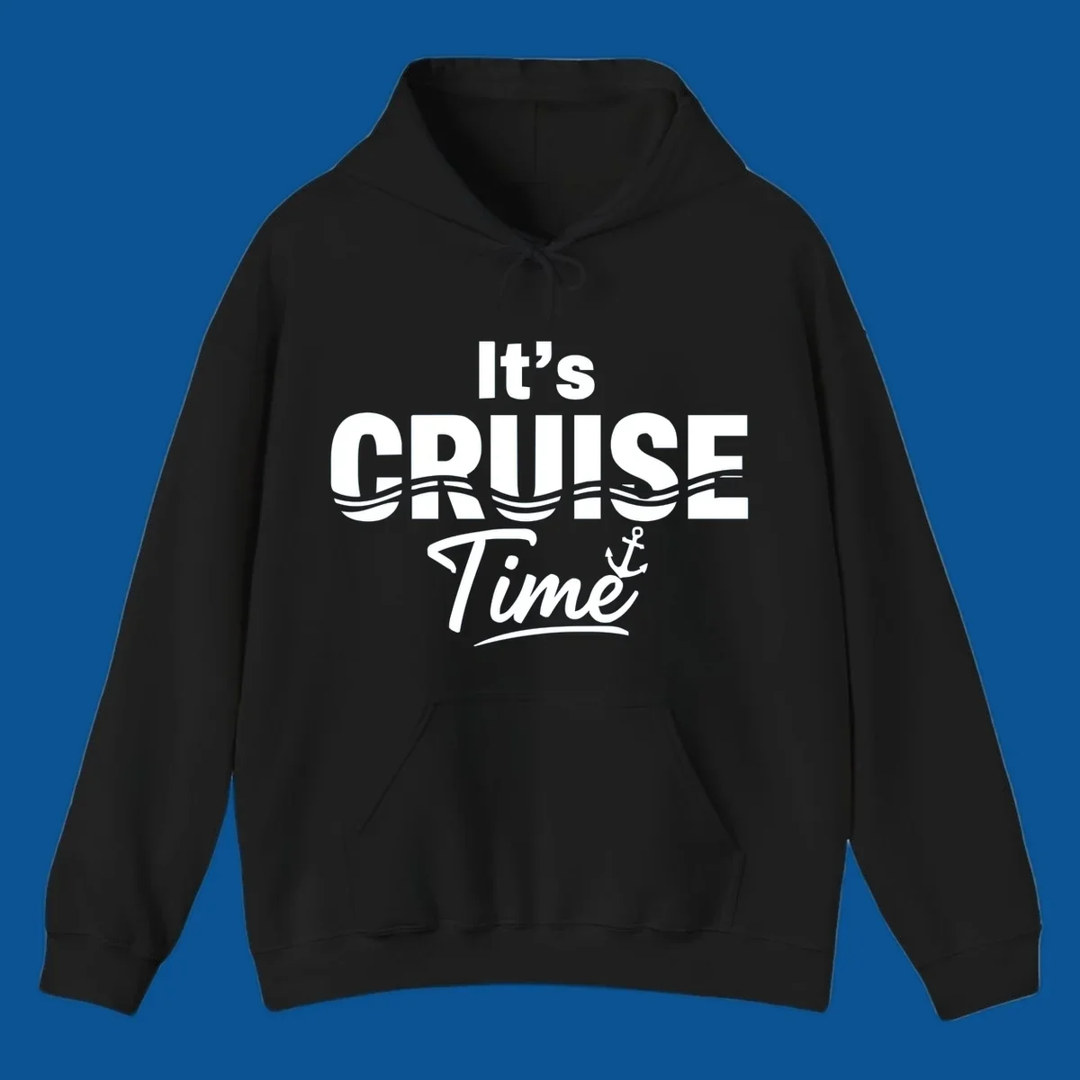 It's Cruise Time text with ocean waves and anchor graphic