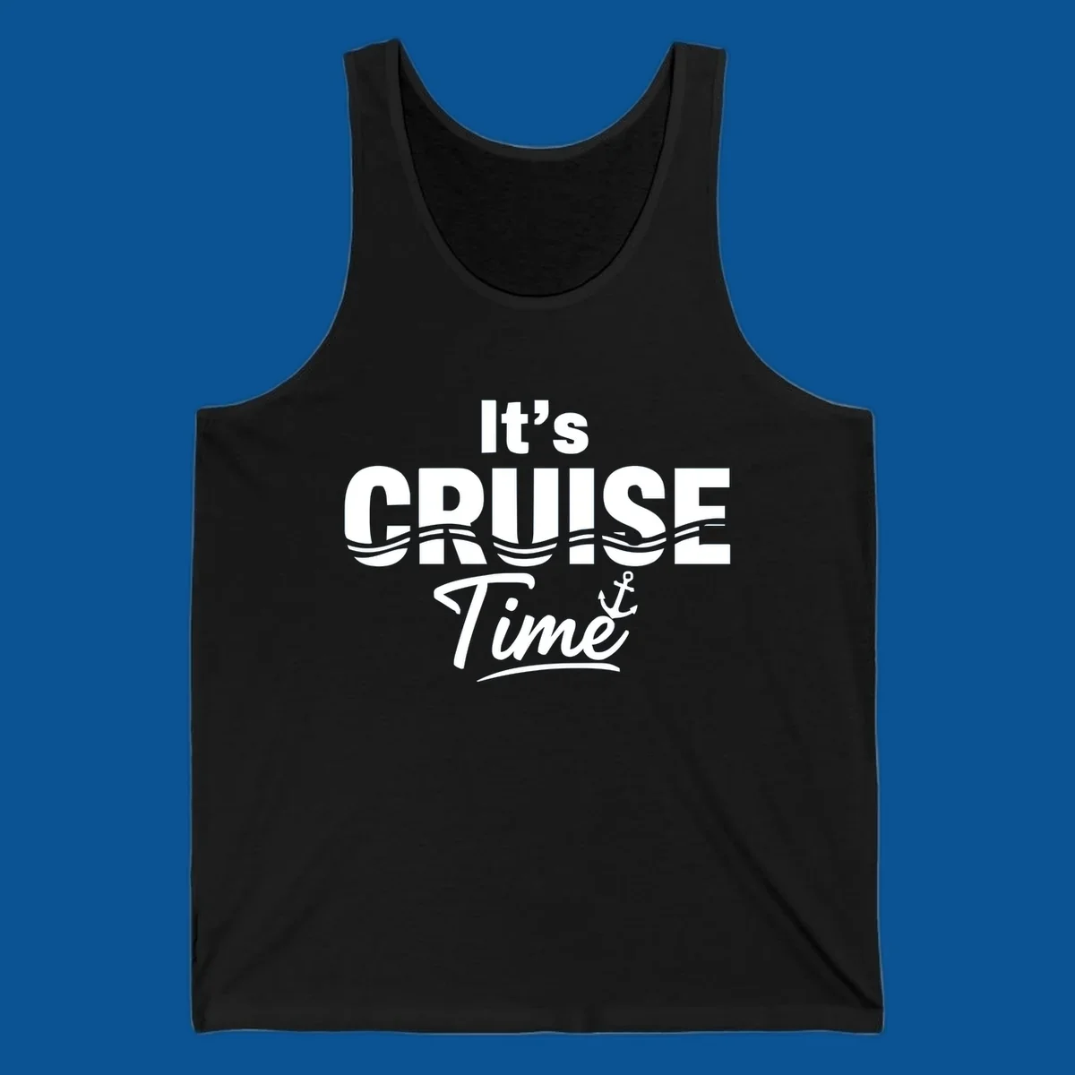It's Cruise Time text with ocean waves and anchor graphic