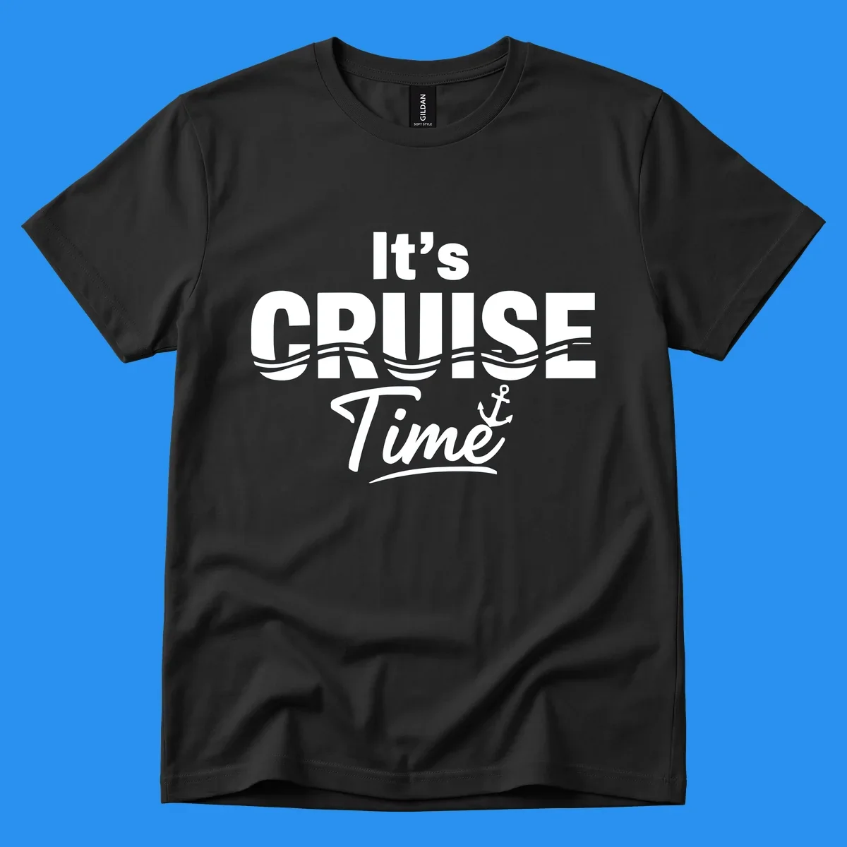 It's Cruise Time text with ocean waves and anchor graphic