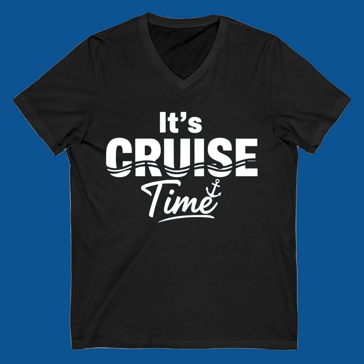 It's Cruise Time text with ocean waves and anchor graphic