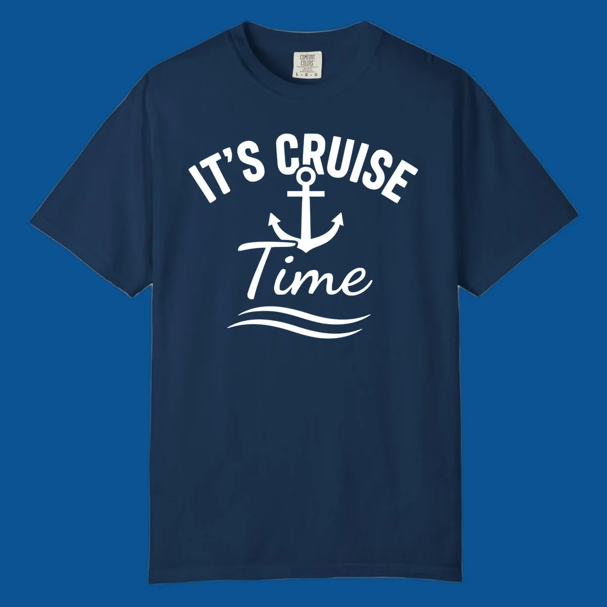 Its Cruise Time anchor graphic with text and waves