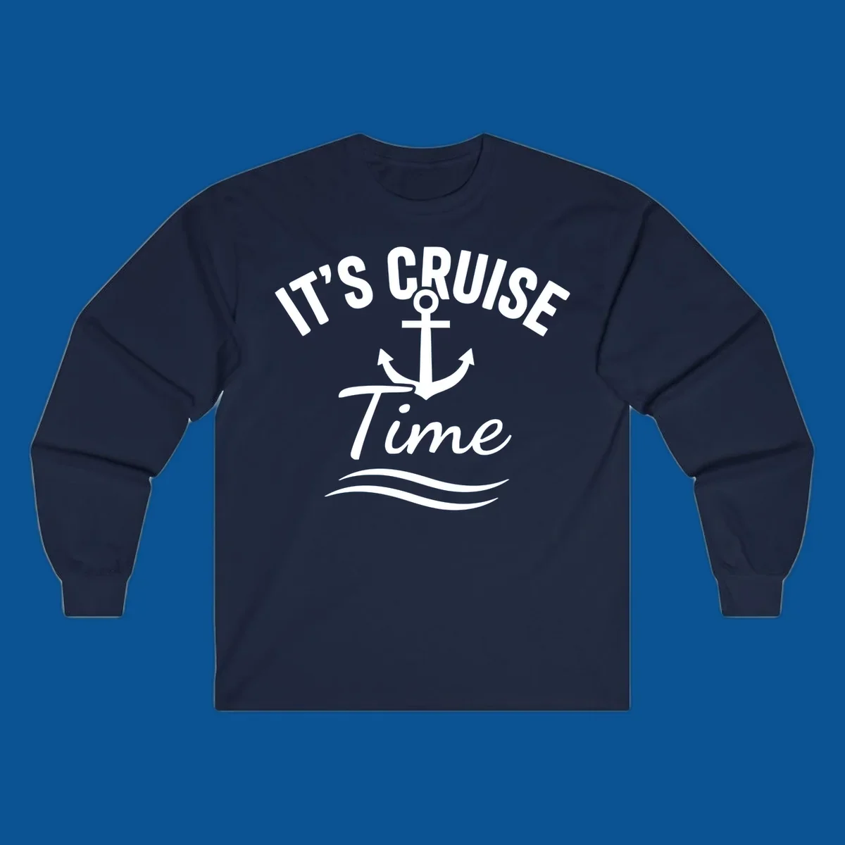 Its Cruise Time anchor graphic with text and waves