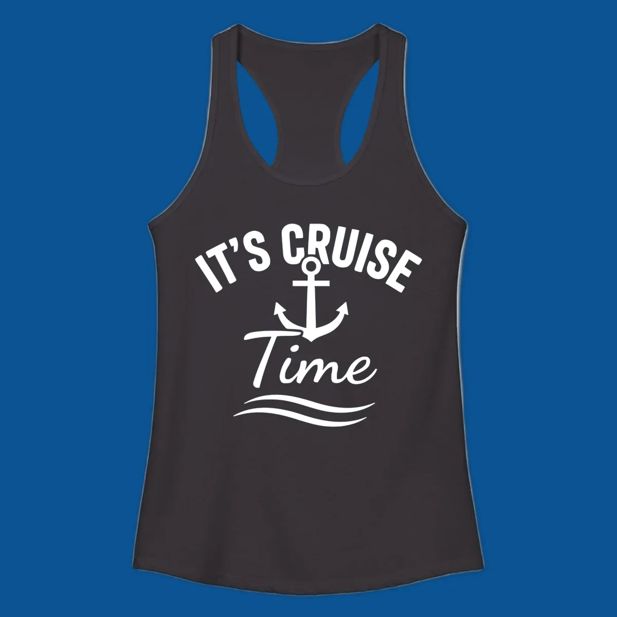 Its Cruise Time anchor graphic with text and waves