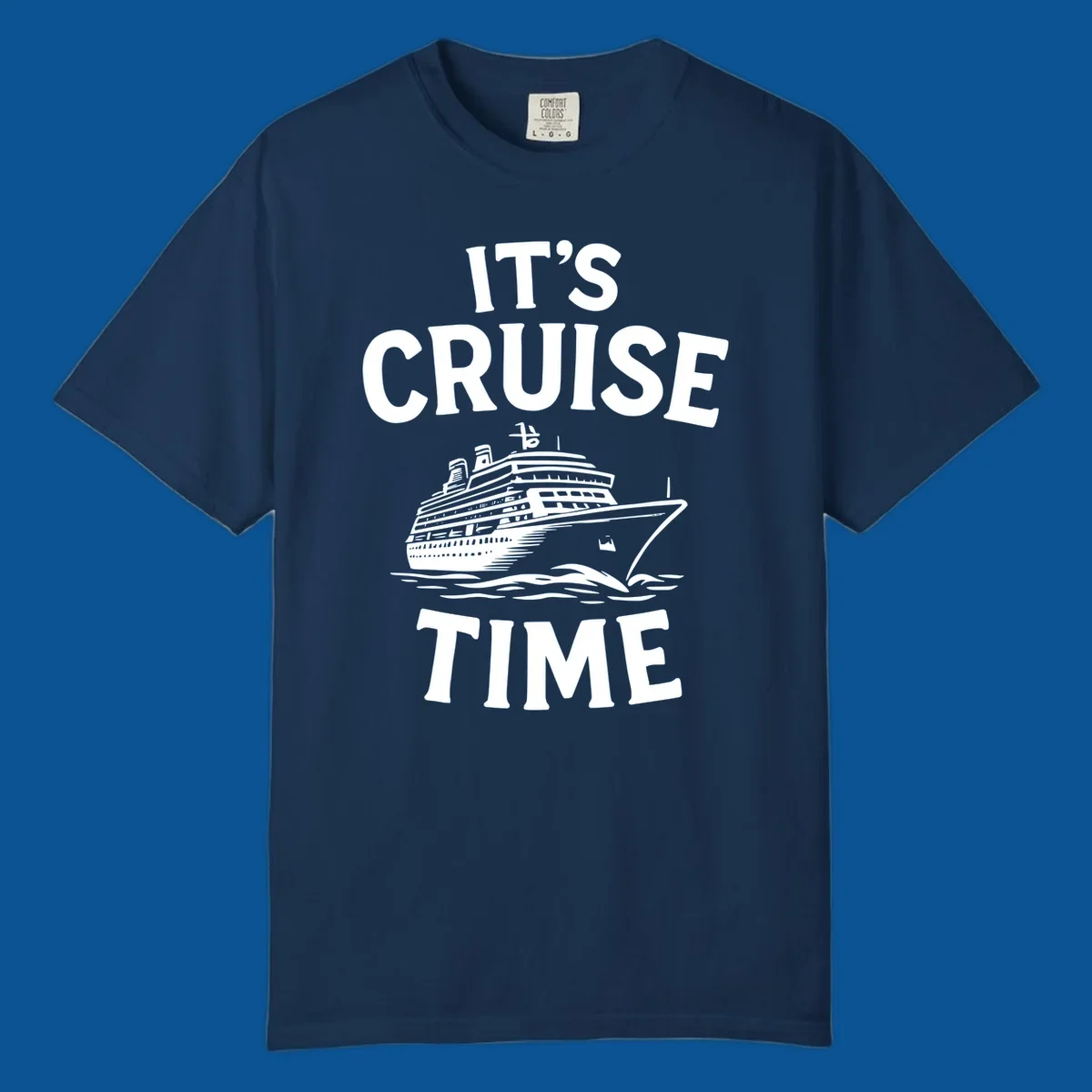 Its cruise time text with a cruise ship illustration.