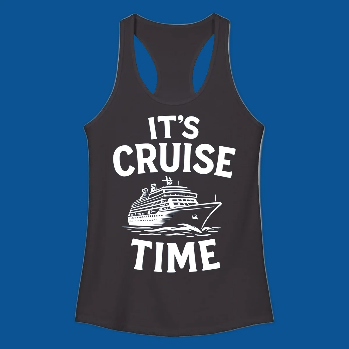 Its cruise time text with a cruise ship illustration.