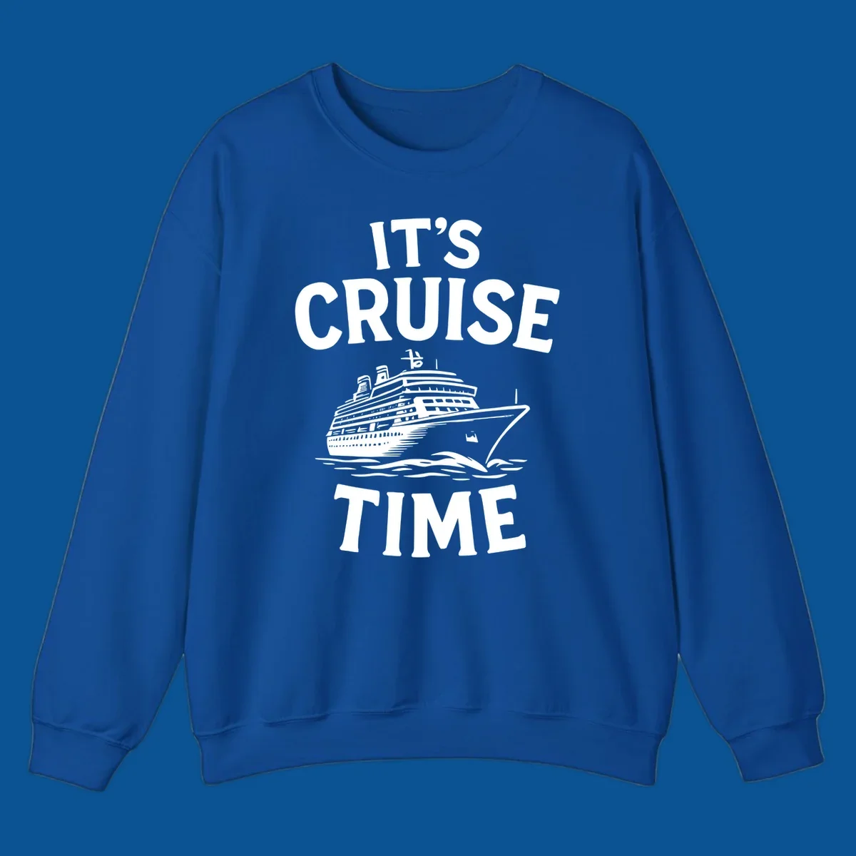 Its cruise time text with a cruise ship illustration.