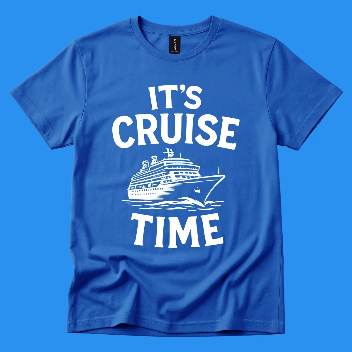 Its cruise time text with a cruise ship illustration.
