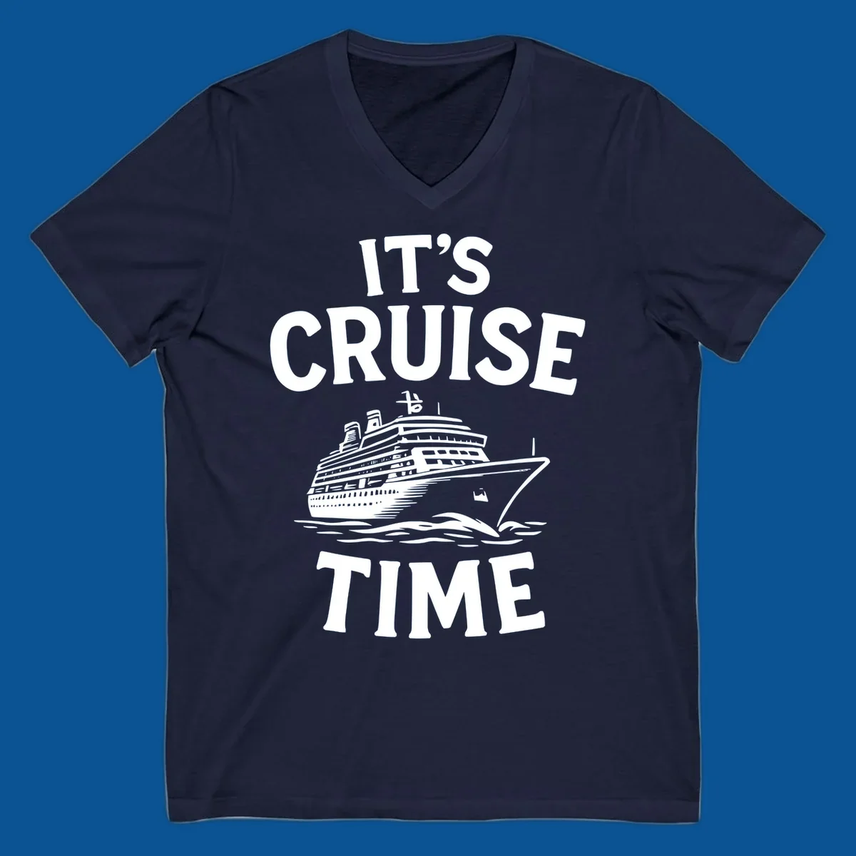 Its cruise time text with a cruise ship illustration.