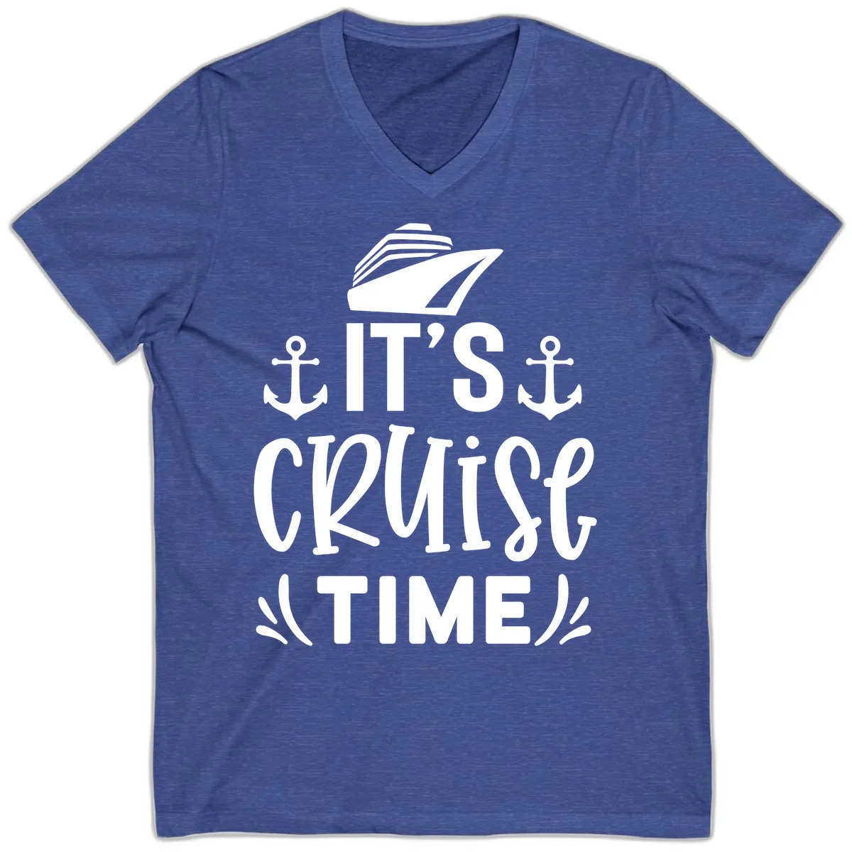 It's Cruise Time Typography V-Neck in Heather True Royal