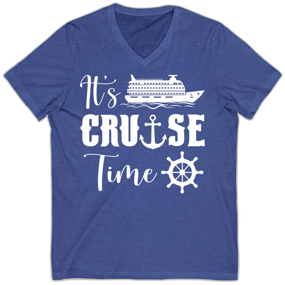 It's Cruise Time Graphic V-Neck in Heather True Royal