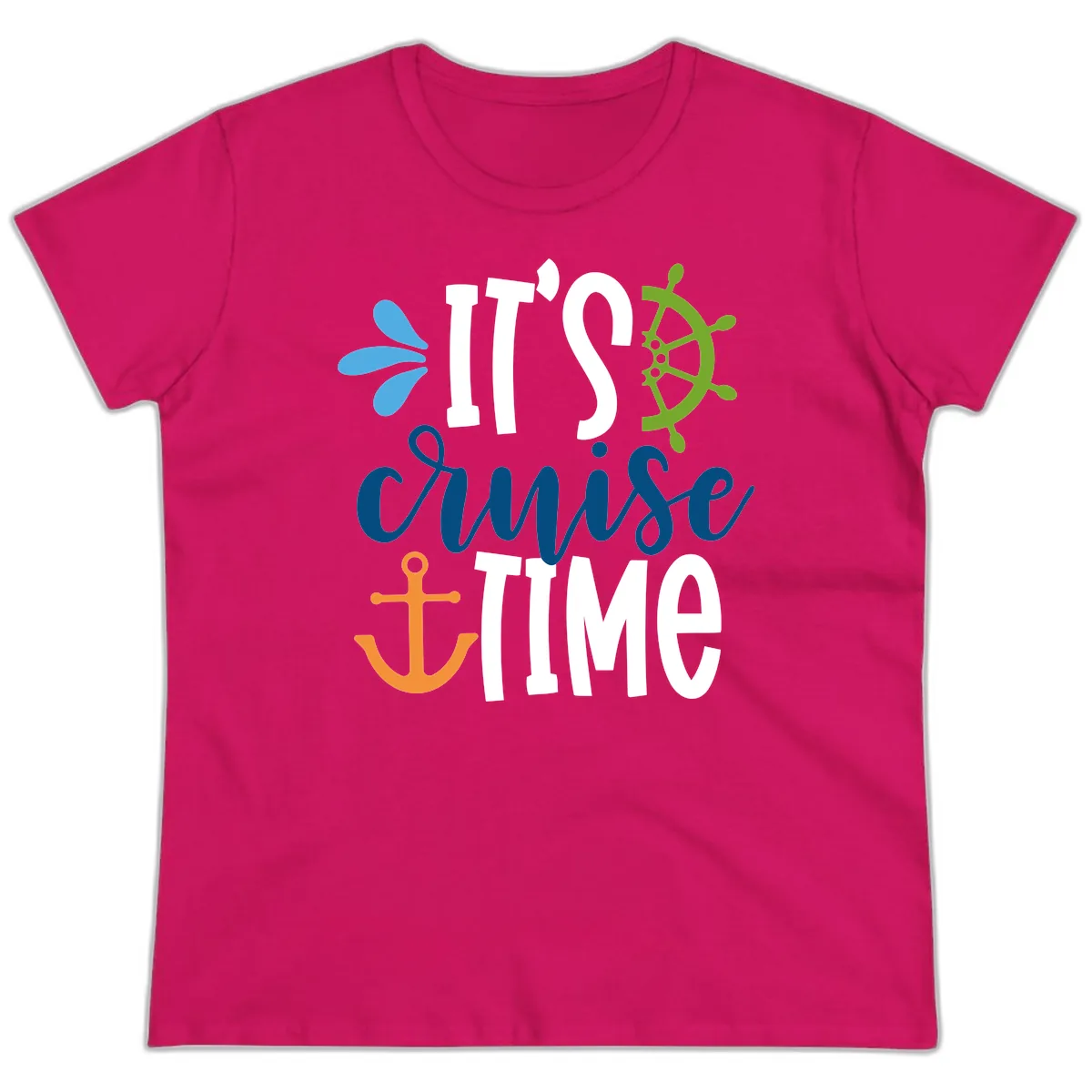 It's Cruise Time Graphic Design Ladies Tee in Heliconia