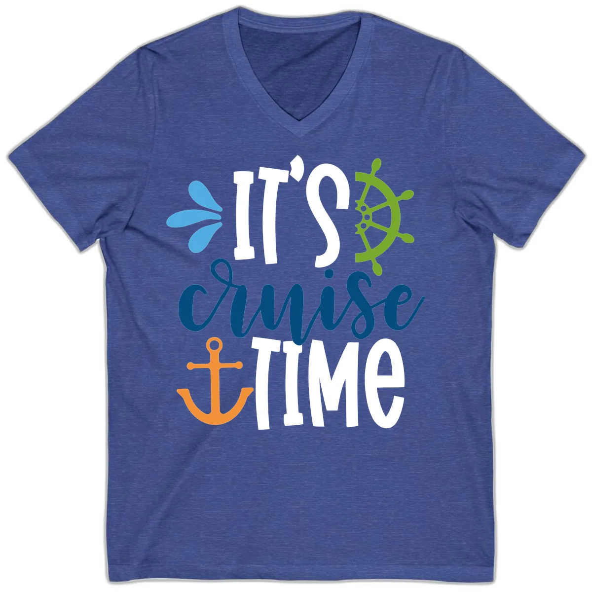 It's Cruise Time Graphic Design V-Neck in Heather True Royal