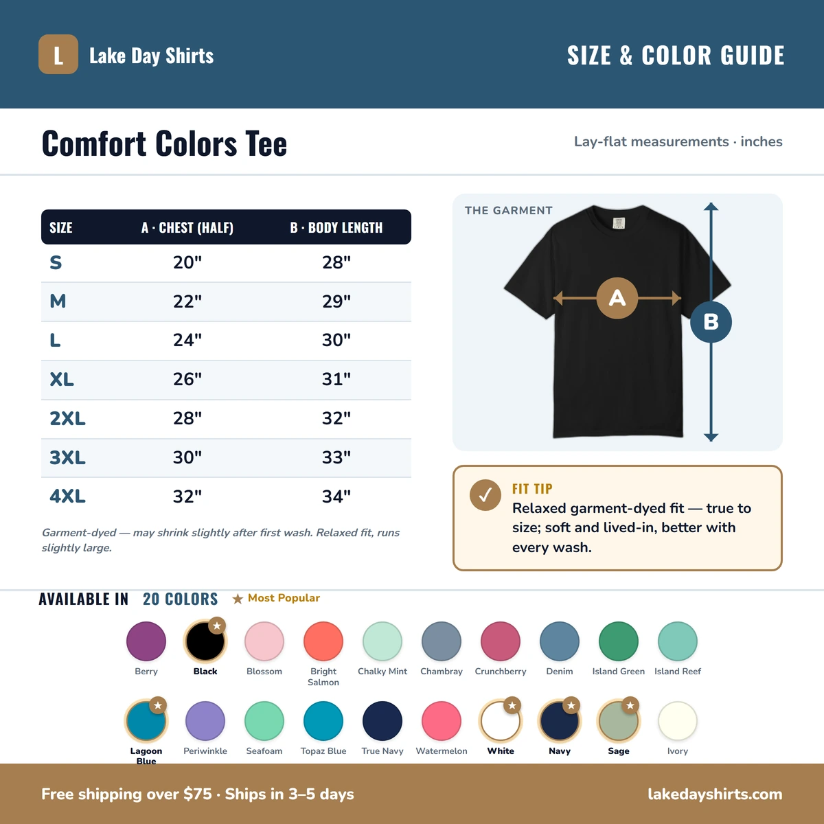 Comfort Color size & color guide