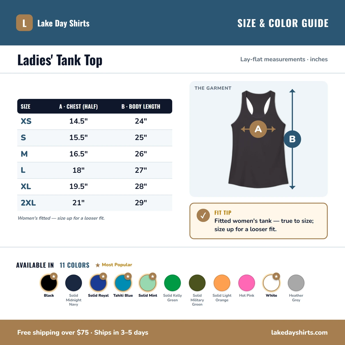 Ladies Tank size & color guide