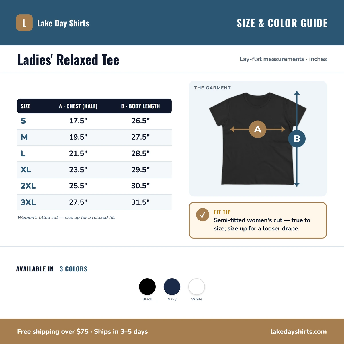 Ladies Tee size & color guide