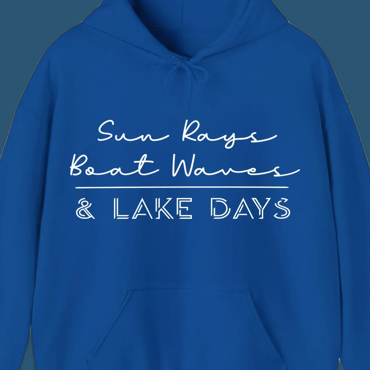 Lake days design with sun rays, boat waves, and '& LAKE DAYS' text.