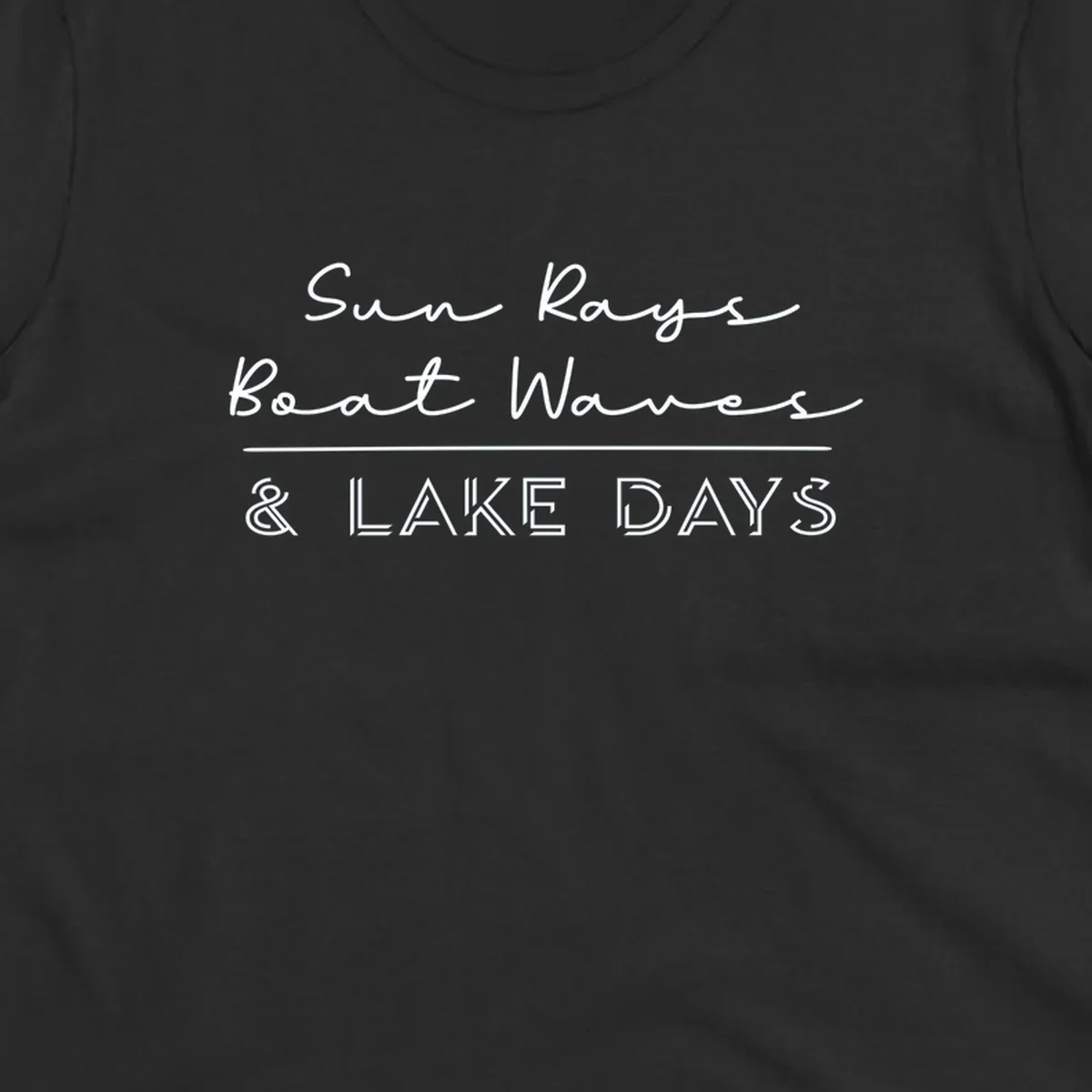 Lake days design with sun rays, boat waves, and '& LAKE DAYS' text.