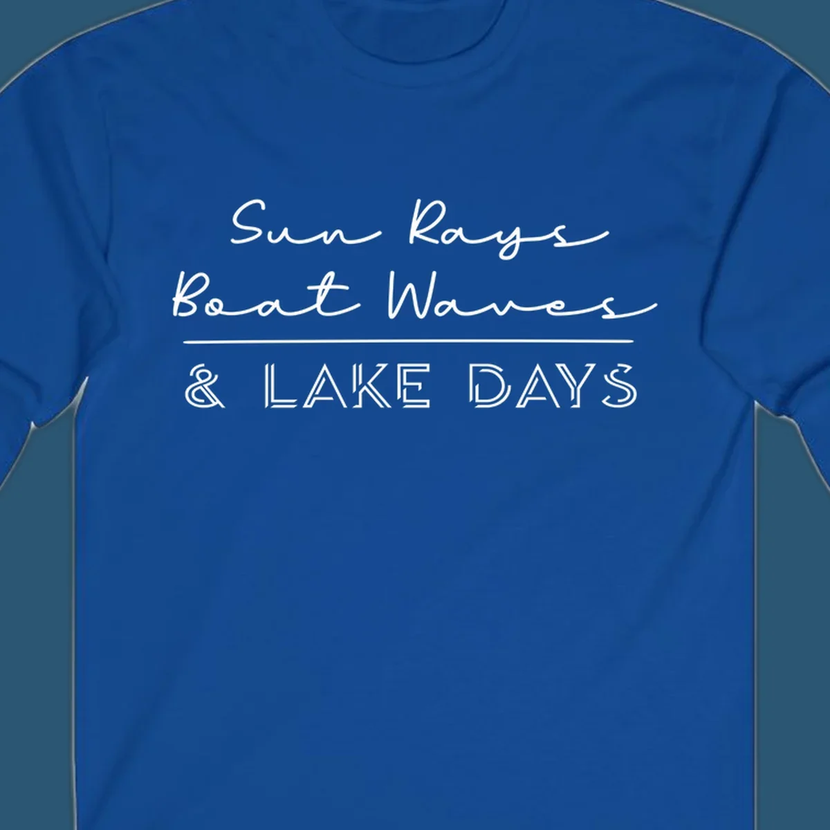 Lake days design with sun rays, boat waves, and '& LAKE DAYS' text.