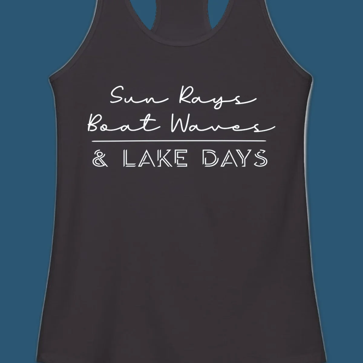 Lake days design with sun rays, boat waves, and '& LAKE DAYS' text.