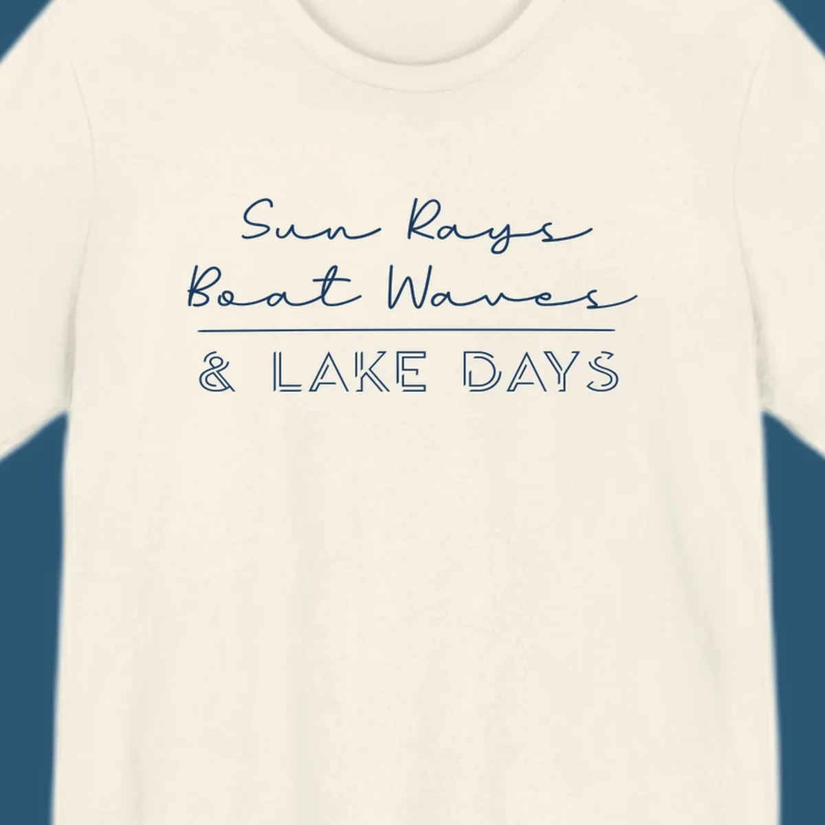Lake days design with sun rays, boat waves, and '& LAKE DAYS' text.