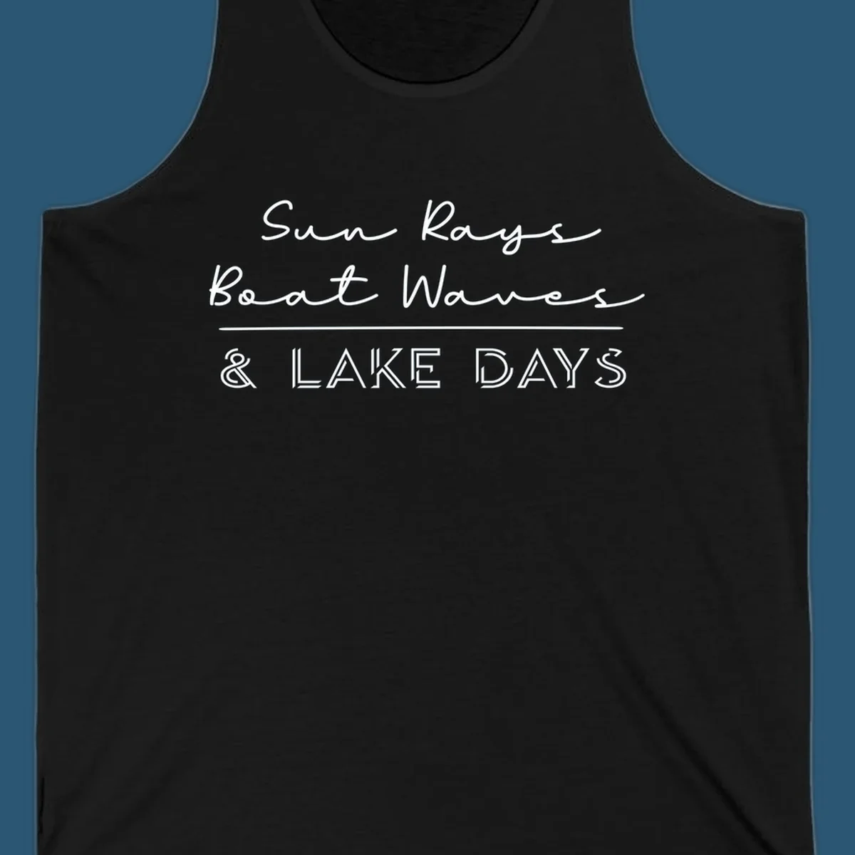 Lake days design with sun rays, boat waves, and '& LAKE DAYS' text.