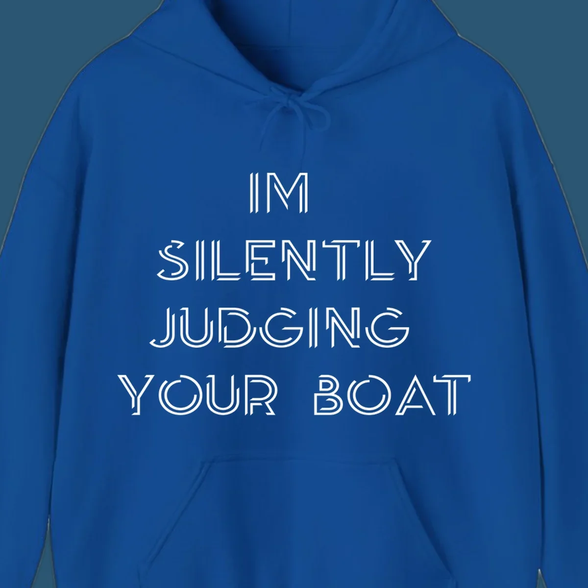 Text design 'IM SILENTLY JUDGING YOUR BOAT' in a stylized font, white on black and navy on white.