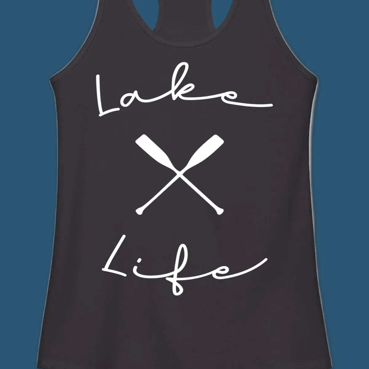 Lake life text with crossed oars graphic