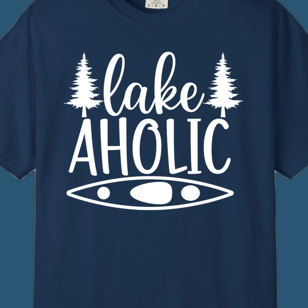 Lakeaholic kayak and trees design. Text and graphic elements for lake lovers.