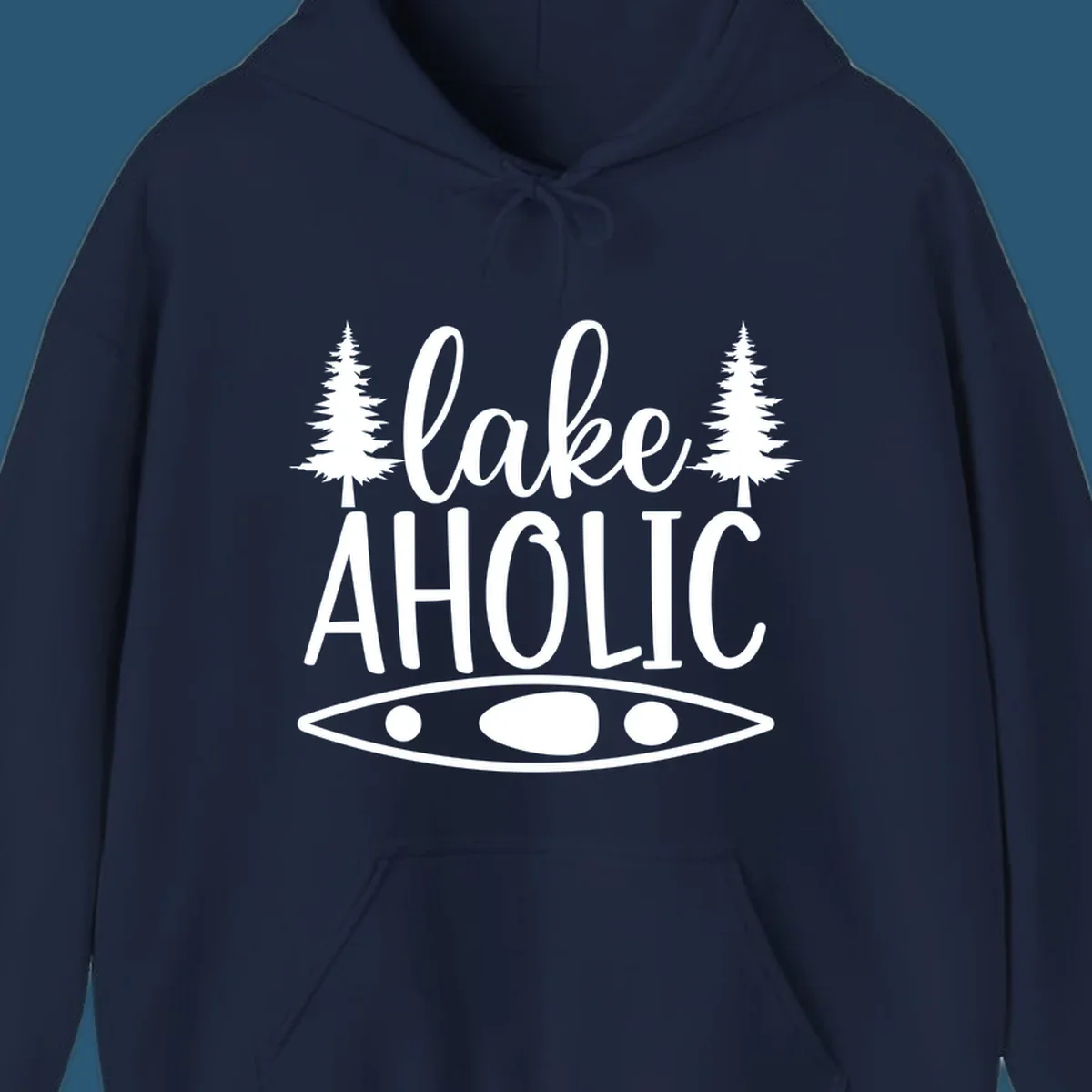 Lakeaholic kayak and trees design. Text and graphic elements for lake lovers.