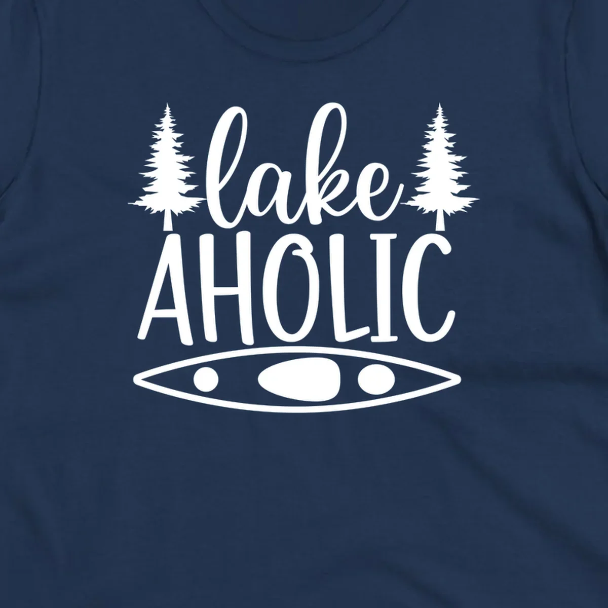Lakeaholic kayak and trees design. Text and graphic elements for lake lovers.