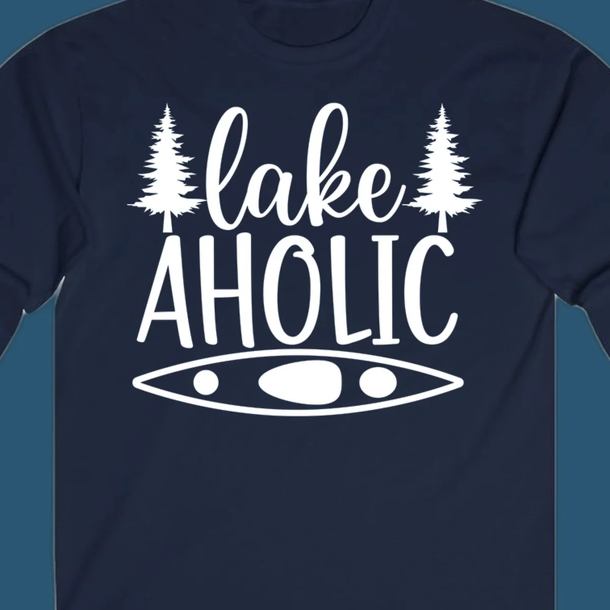 Lakeaholic kayak and trees design. Text and graphic elements for lake lovers.